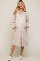 Beige Knit Corduroy Button Down Maternity Midi Dress