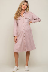 Light Pink Knit Corduroy Button Down Maternity Midi Dress