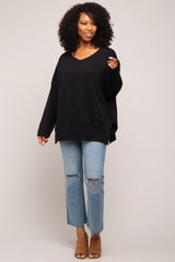 Black Dolman Sleeve Side Slit Maternity Sweater