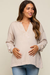 Beige Mineral Washed Terry Knit Maternity Top