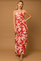 Red Floral Palm Print Wrap Maternity Maxi Dress