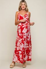 Red Floral Palm Print Wrap Maternity Maxi Dress