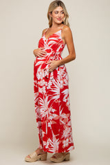 Red Floral Palm Print Wrap Maternity Maxi Dress