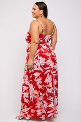 Red Floral Palm Print Wrap Plus Maxi Dress