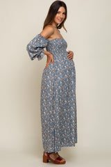 Blue Floral Square Neck Smocked Long Sleeve Maternity Maxi Dress
