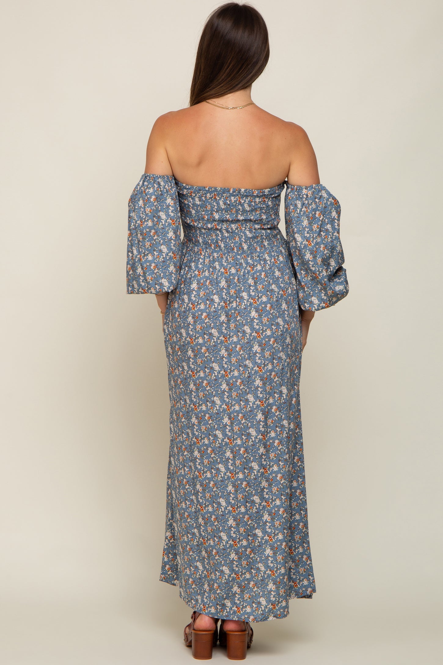Blue Floral Square Neck Smocked Long Sleeve Maternity Maxi Dress
