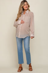 Beige Grid Print Semi Sheer Maternity Button Up Top