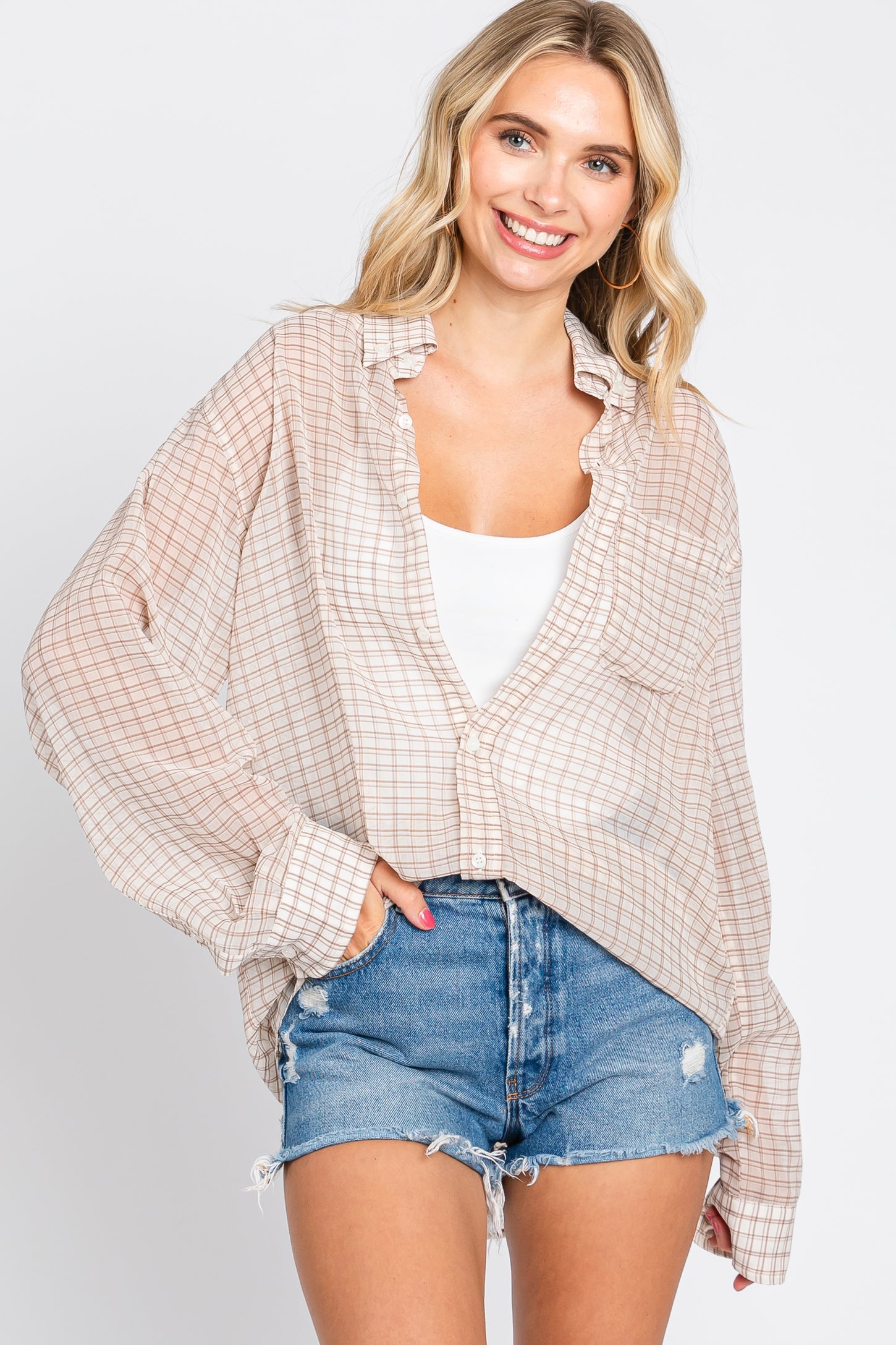 Beige Grid Print Semi Sheer Maternity Button Up Top