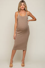 Beige Rib Knit Lace Up Back Maternity Midi Dress