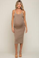 Beige Rib Knit Lace Up Back Maternity Midi Dress