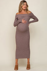 Mocha Off Shoulder Maternity Maxi Sweater Dress