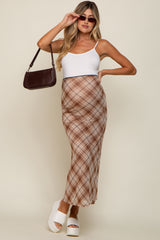 Mocha Plaid Mesh Maternity Maxi Skirt