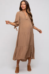 Camel Striped Tiered Maternity Midi Dress