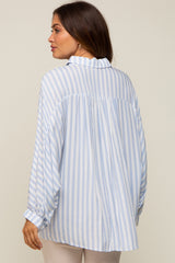 Light Blue Striped Button Up Dolman Sleeve Maternity Top