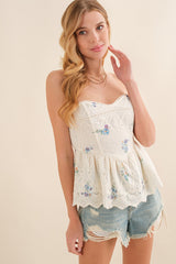 Blue Strapless Floral Print Top