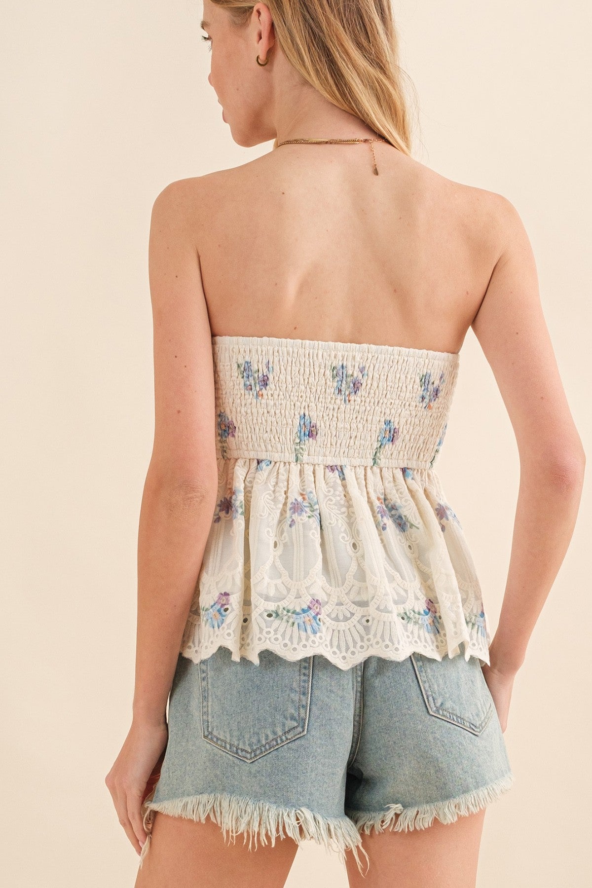 Blue Strapless Floral Print Top