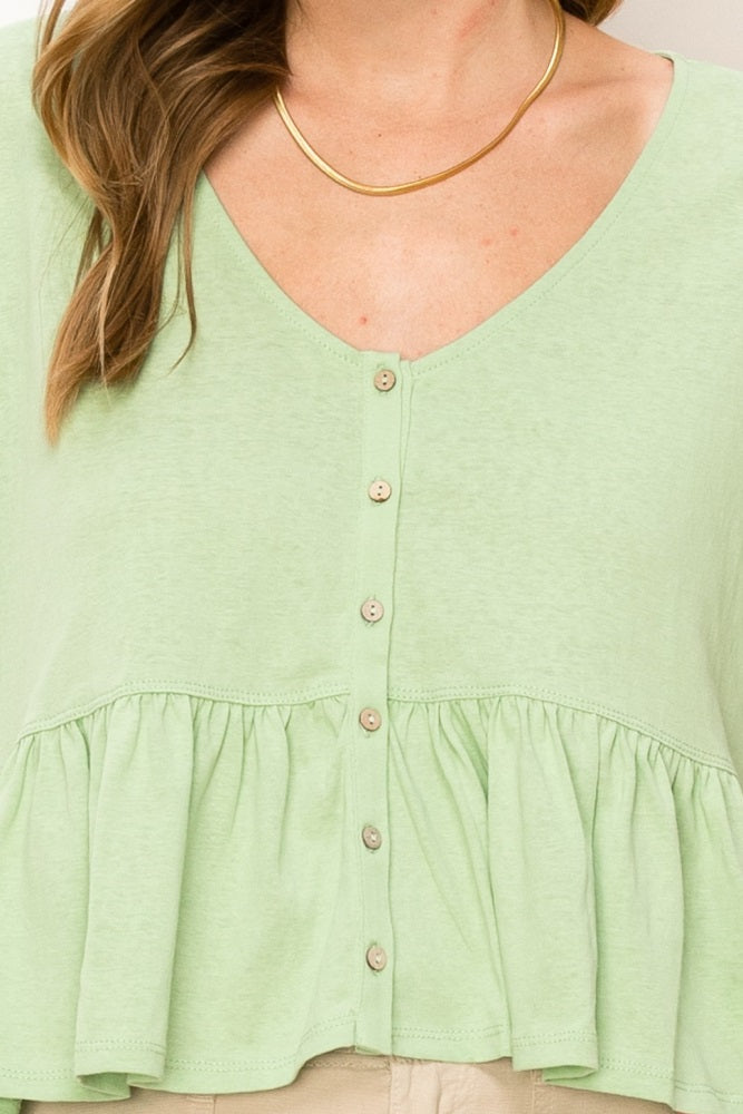 Lime Jersey Button-Front Peplum Top