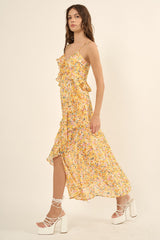 Yellow Floral Chiffon Handkerchief Side Slit Slip Dress