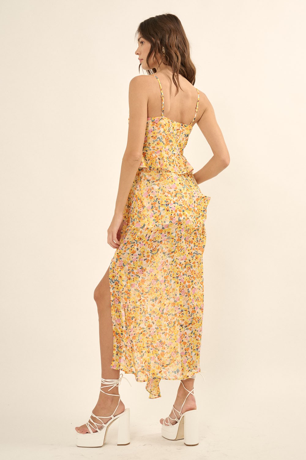Yellow Floral Chiffon Handkerchief Side Slit Slip Dress