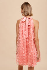 Pink Butterfly Applique Tie Neck Halter Dress