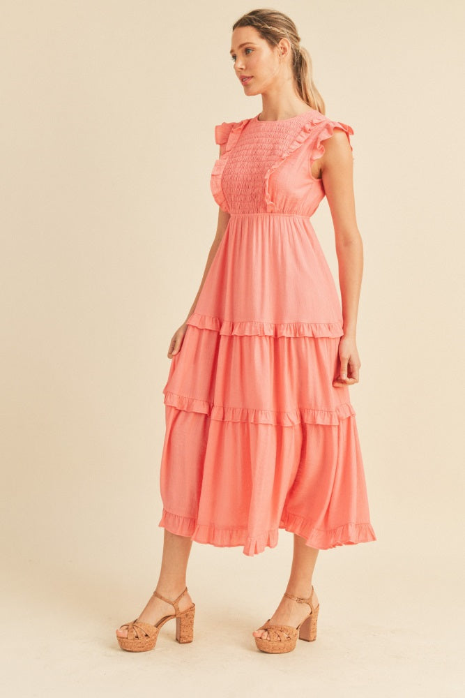 Coral Pink Smocked Ruffled Midi Dress