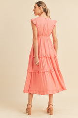 Coral Pink Smocked Ruffled Midi Dress