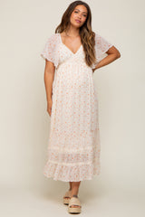 Cream Floral Crochet Trim Maternity Midi Dress