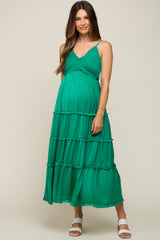 Green Smocked Ruffle Tiered Maternity Maxi Dress