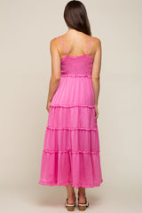 Pink Smocked Ruffle Tiered Maternity Maxi Dress