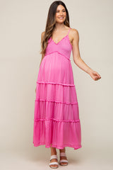 Pink Smocked Ruffle Tiered Maternity Maxi Dress