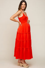 Red Orange Smocked Ruffle Tiered Maternity Maxi Dress