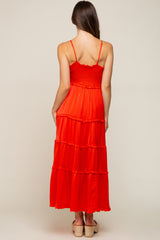 Red Orange Smocked Ruffle Tiered Maternity Maxi Dress