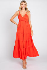 Red Orange Smocked Ruffle Tiered Maternity Maxi Dress