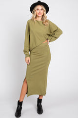 Olive Knit Long Sleeve Crop Top Midi Skirt Set