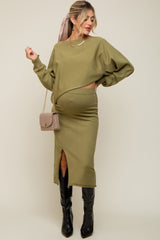 Olive Knit Long Sleeve Crop Top Maternity Midi Skirt Set