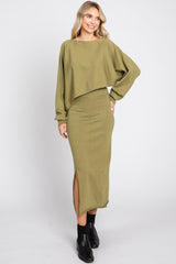 Olive Knit Long Sleeve Crop Top Midi Skirt Set