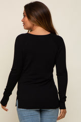 Black Fine Knit V-Neck Side Slit Maternity Top