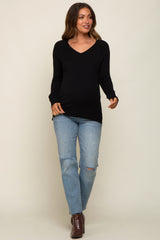 Black Fine Knit V-Neck Side Slit Maternity Top