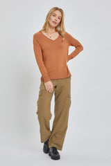 Camel Fine Knit V-Neck Side Slit Maternity Top