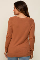 Camel Fine Knit V-Neck Side Slit Maternity Top