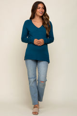 Teal Fine Knit V-Neck Side Slit Maternity Top