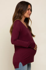 Burgundy Fine Knit V-Neck Side Slit Maternity Top