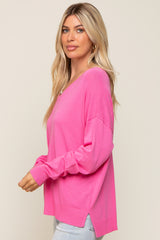 Pink Knit V-Neck Long Sleeve Top