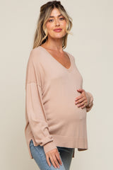 Taupe Knit V-Neck Long Sleeve Maternity Top