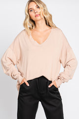 Taupe Knit V-Neck Long Sleeve Top