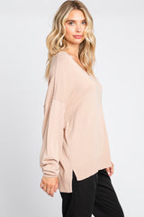 Taupe Knit V-Neck Long Sleeve Top