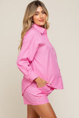 Pink Striped Button Up And Short Maternity Set