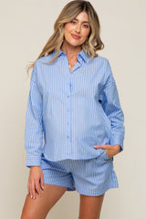 Blue Striped Button Up And Short Maternity Set