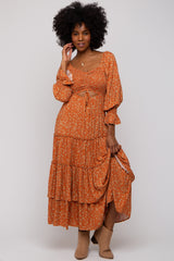 Rust Floral Smocked Front Cutout Tiered Maxi Dress