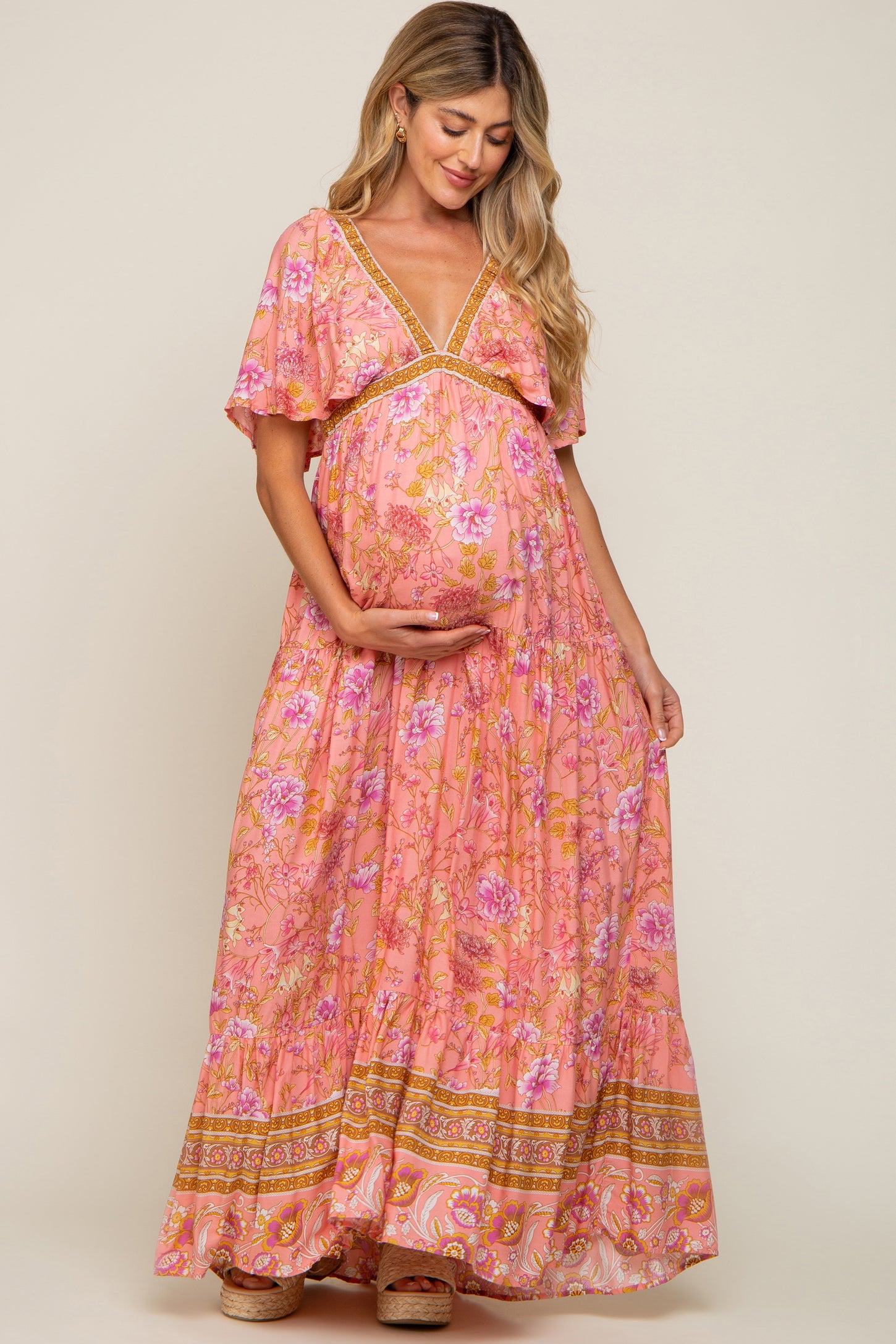 Pink Floral V-Neck Maternity Maxi Dress